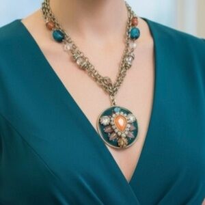 Multi-Color Stones with Rhinestone Accent Pendant Necklace